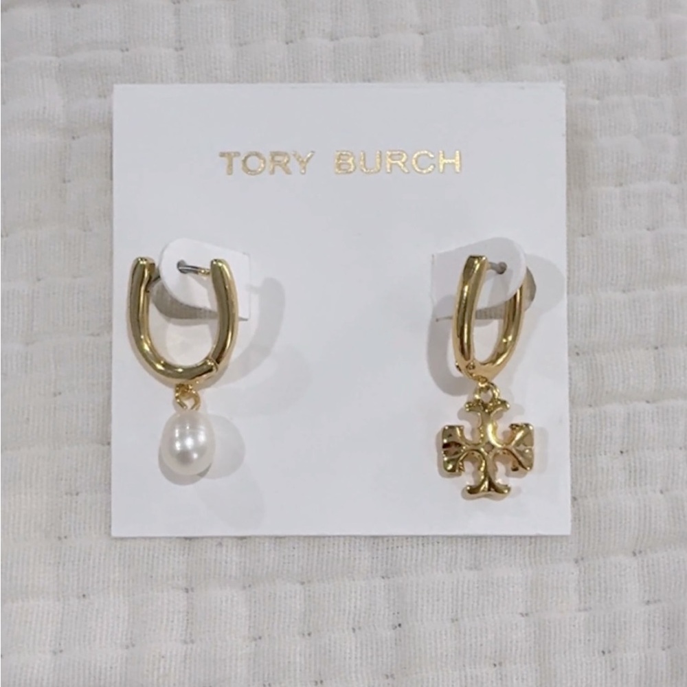 Tory Burch Gold Hoops with Pearl and Logo Charm